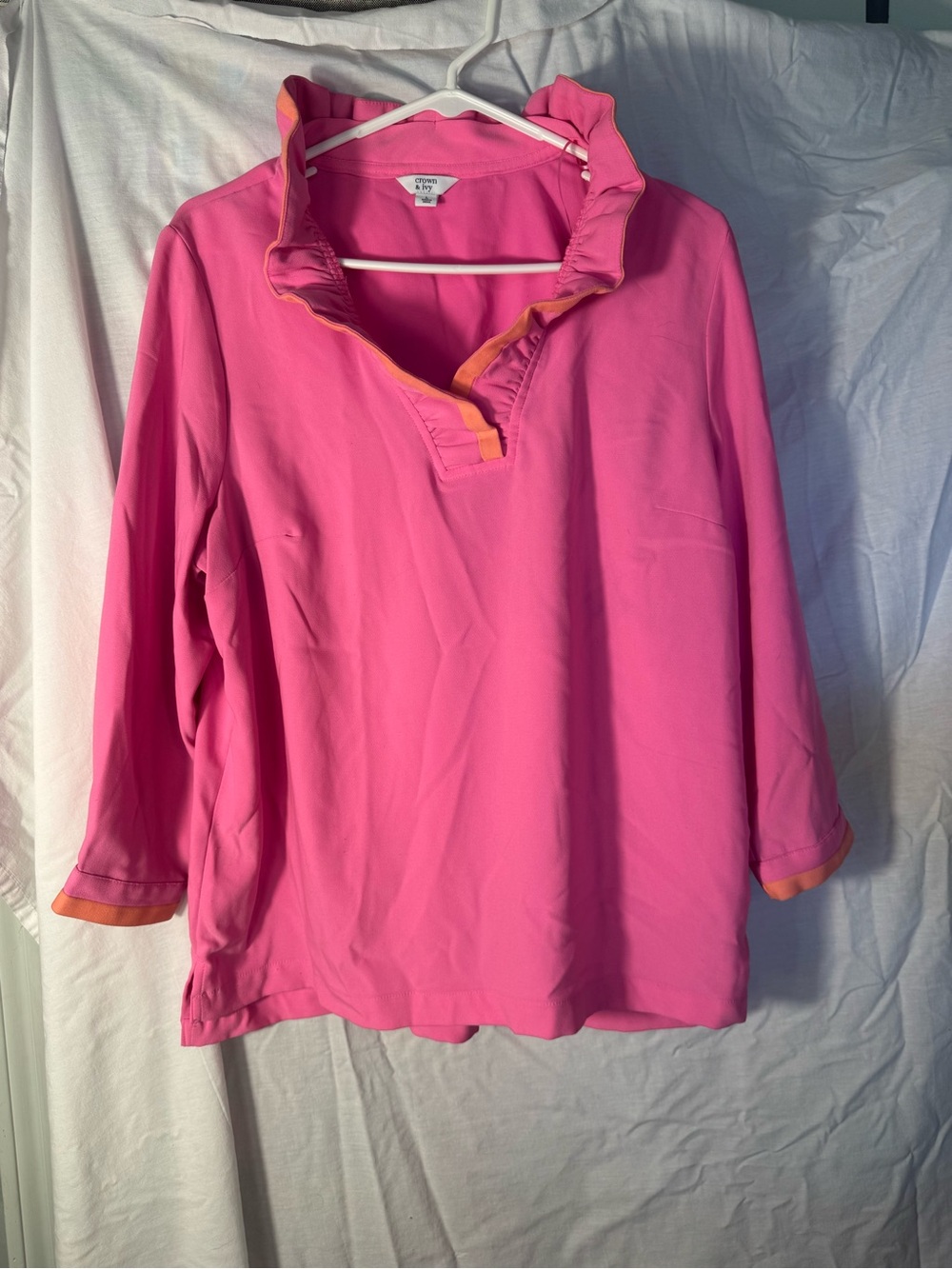 Crown & Ivy Hot Pink Preppy Ruffle V-Neck Blouse Orange Trim 3/4 Sleeve Size L